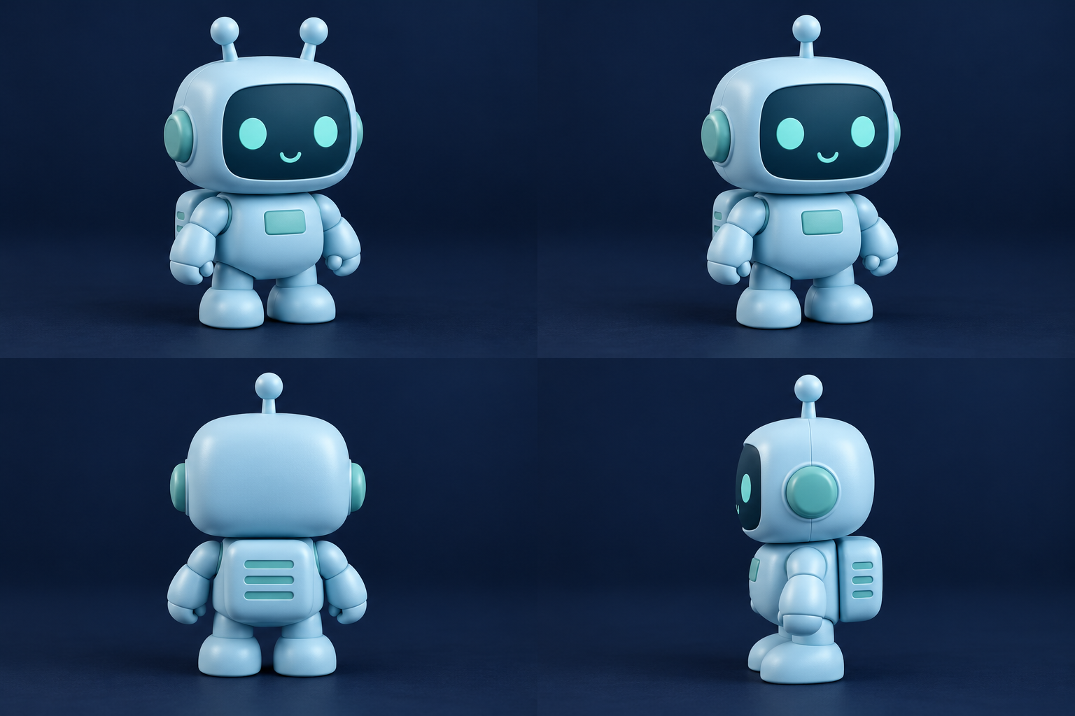 Front view of a blue toy robot with two antennae before editing.