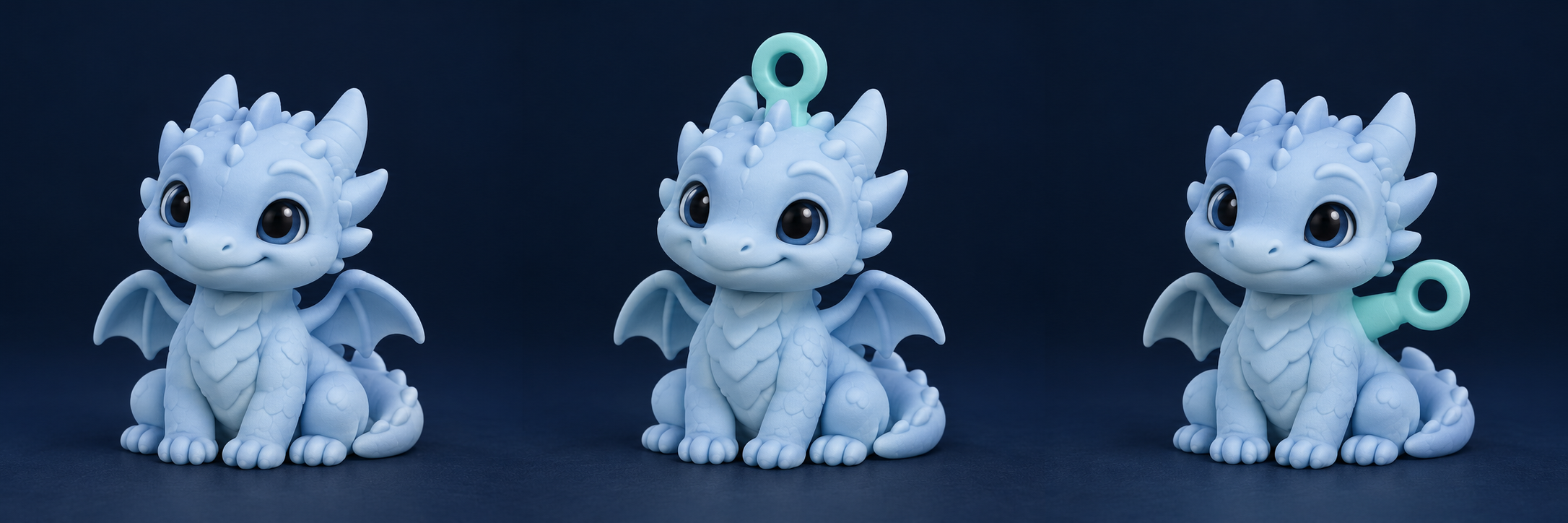 Two examples of the same blue dragon model: without an attachment and with a mint ring on top.