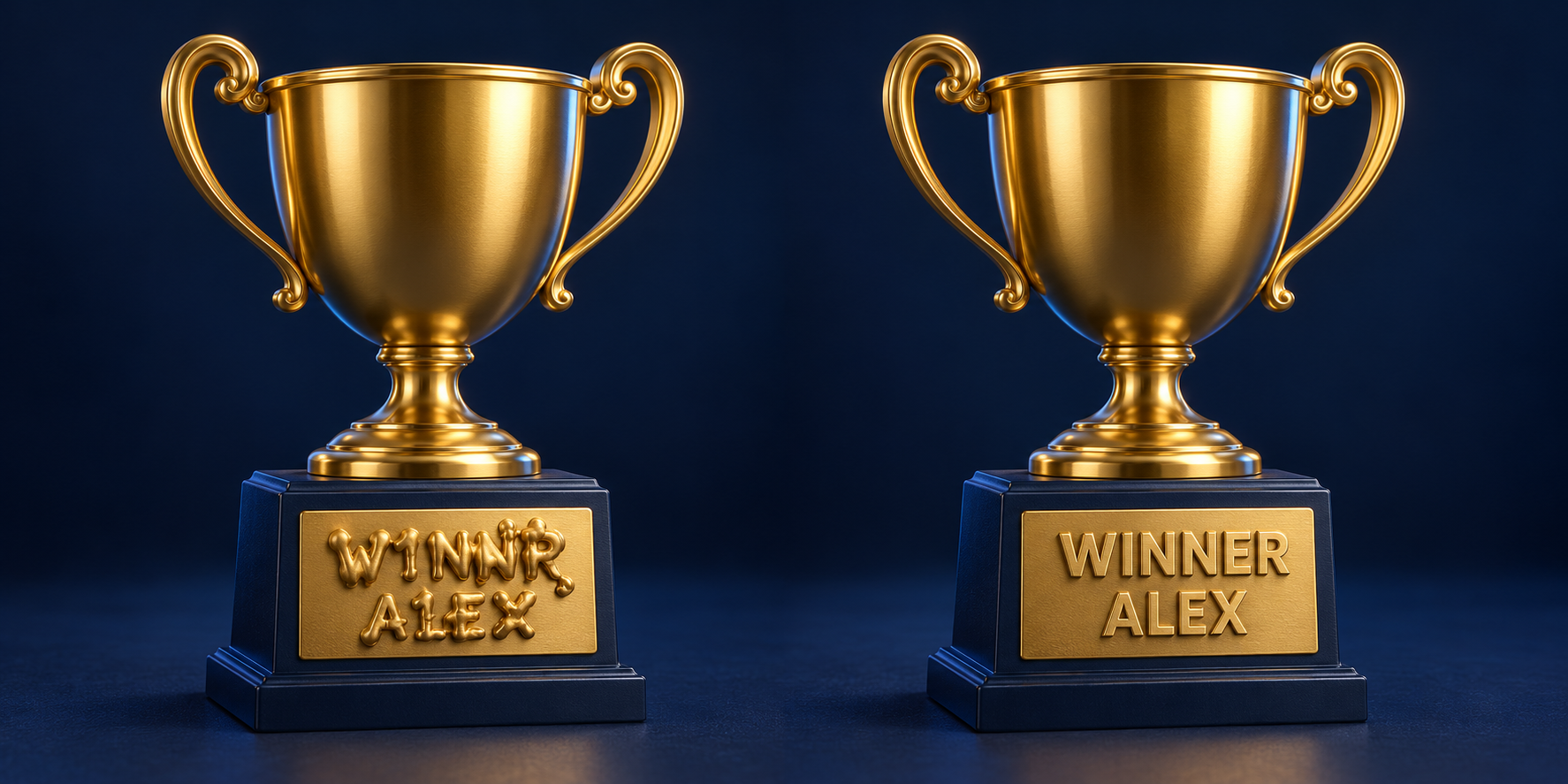 Gold trophies showing distorted lettering after 3D generation on the left and clear WINNER / ALEX lettering added afterwards on the right.